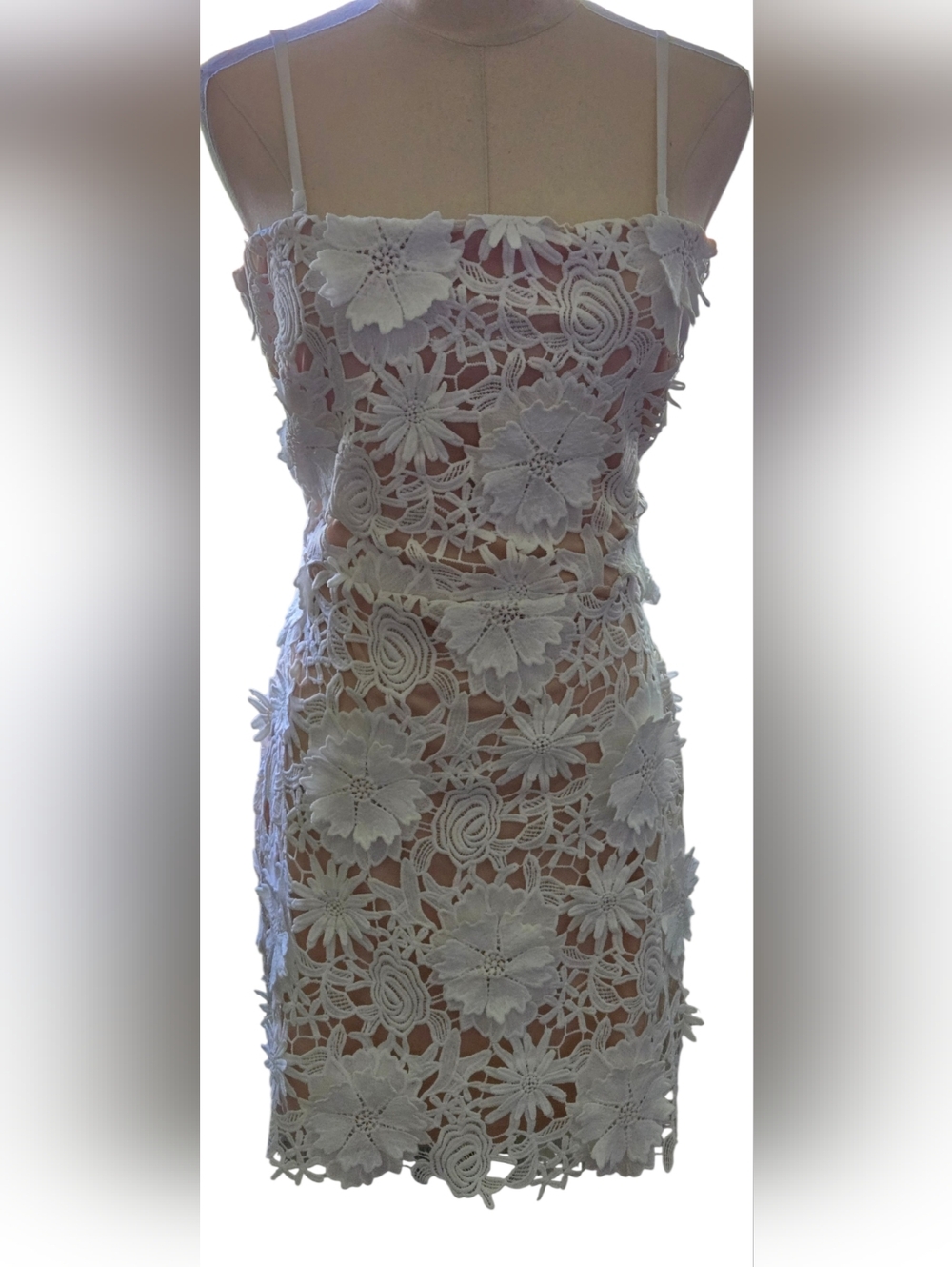 NWT~ Just Me 3D Floral Appliqué Crochet Lace Mini Dress in White/Nude - Picture 2 of 13